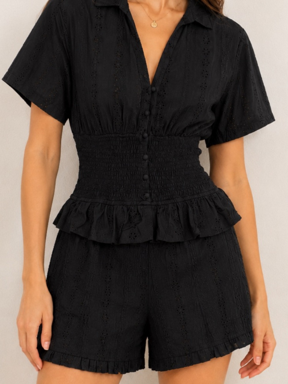 Le Lis Black Eyelet Smocked Waist Ruffle Romper
